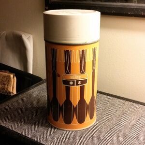 Vintage MCM King-Seely Thermos Hot Cold Storage 1971 Graphics Orange and Brown